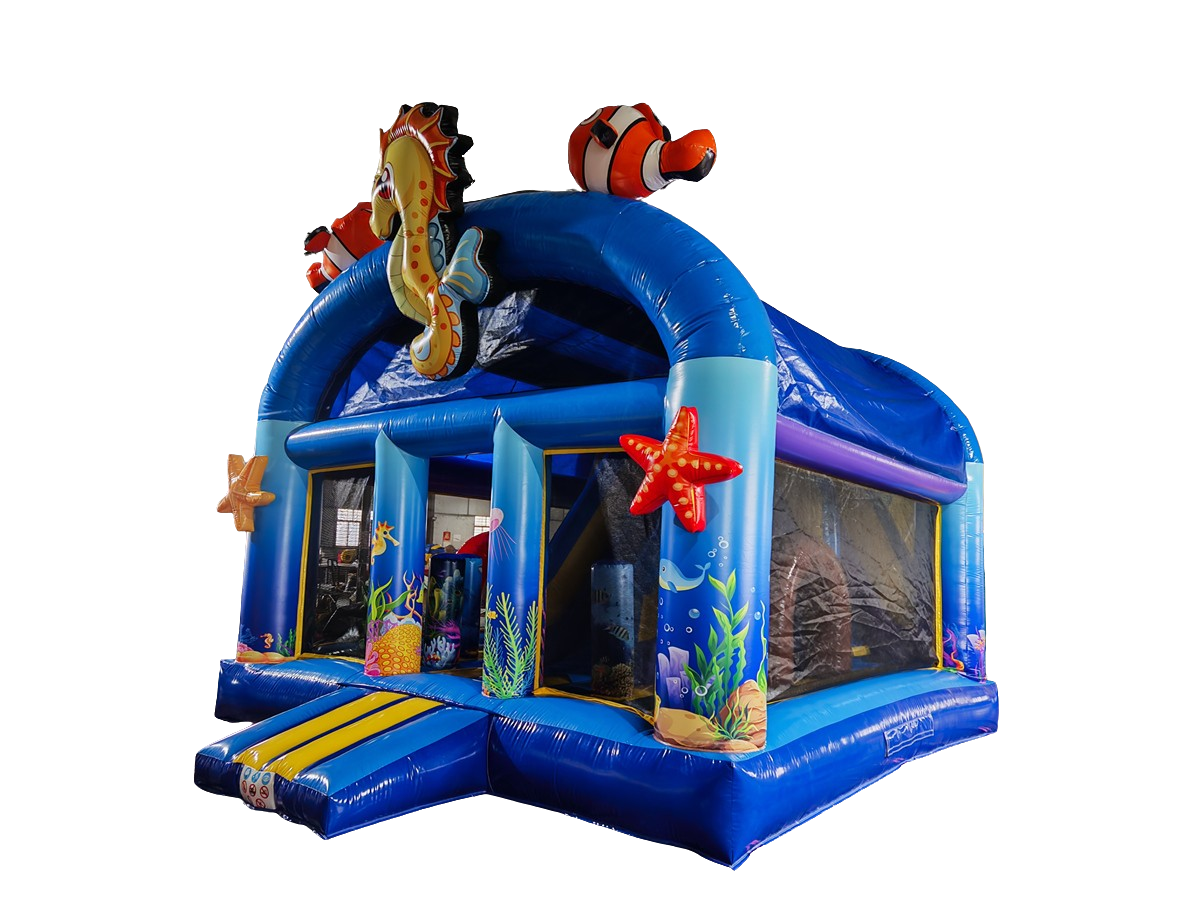 Springkussen seaworld - met glijbaan en dak - 5x5 m 