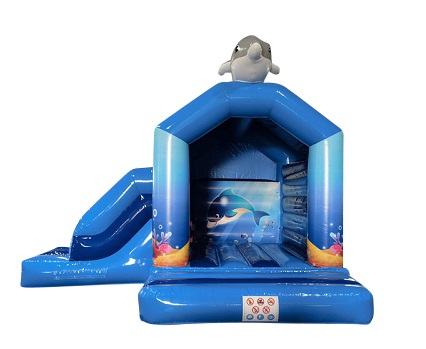 Springkussen Dolfijn met glijbaan en dak 4,5x5 m 