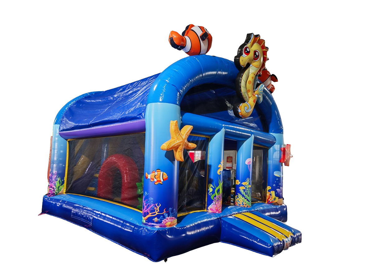 Springkussen seaworld - met glijbaan en dak - 5x5 m 