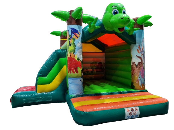 Springkussen Dino Baby met glijbaan en dak 4,5x5 m 