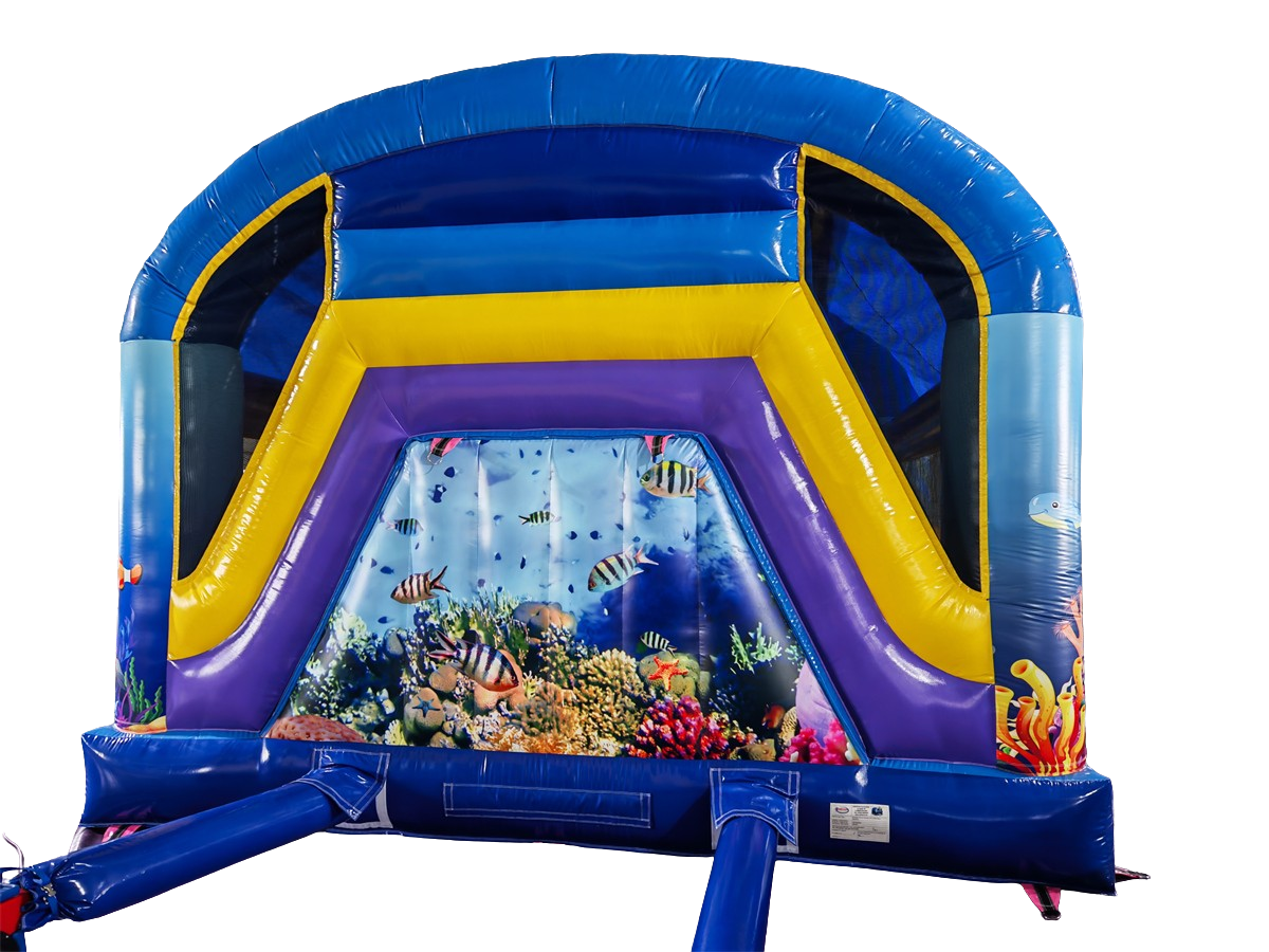 Springkussen seaworld - met glijbaan en dak - 5x5 m 